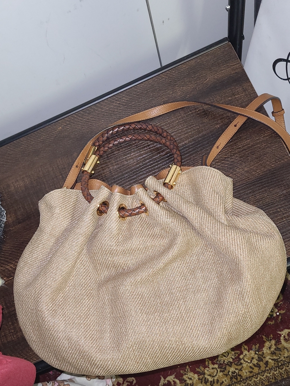 Mixhael Kors Elegant Beige Drawstring Tote Bag with Brown Braided Handles